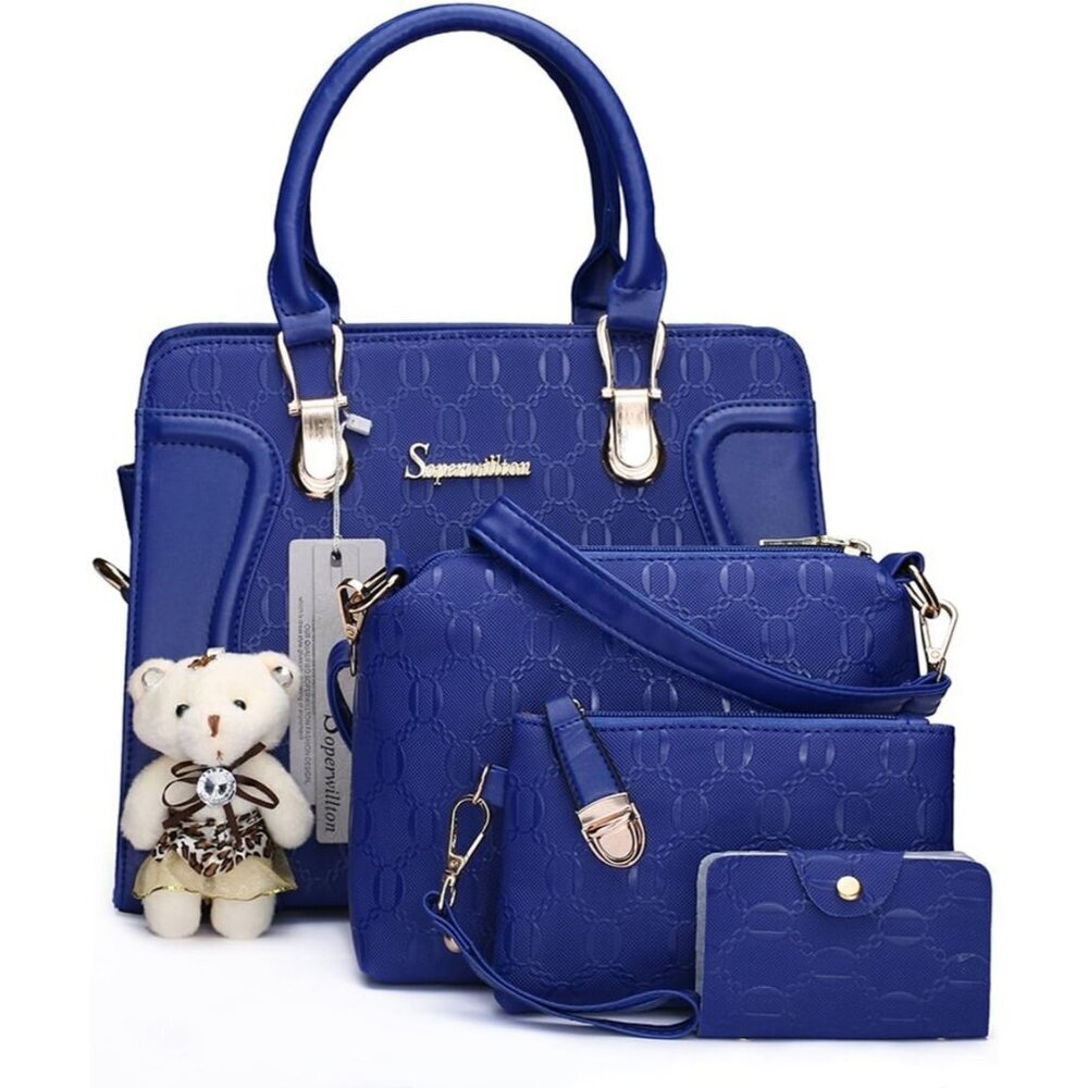 Women's Blue Faux Leather Top Handle High Quality Smooth Zippers Tote Bag